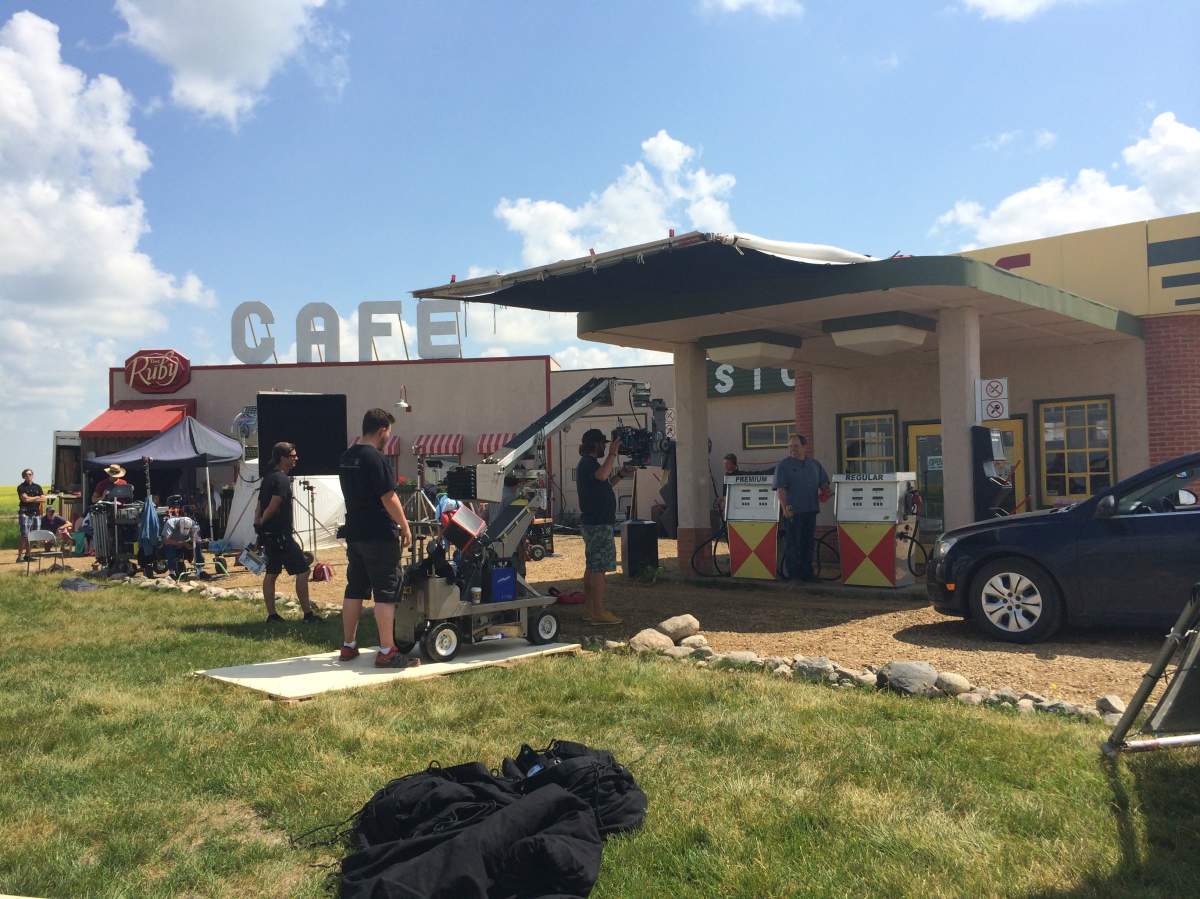 Cast and crew in Rouleau, Saskatchewan wrap up shooting Corner Gas: The Movie in 2014.