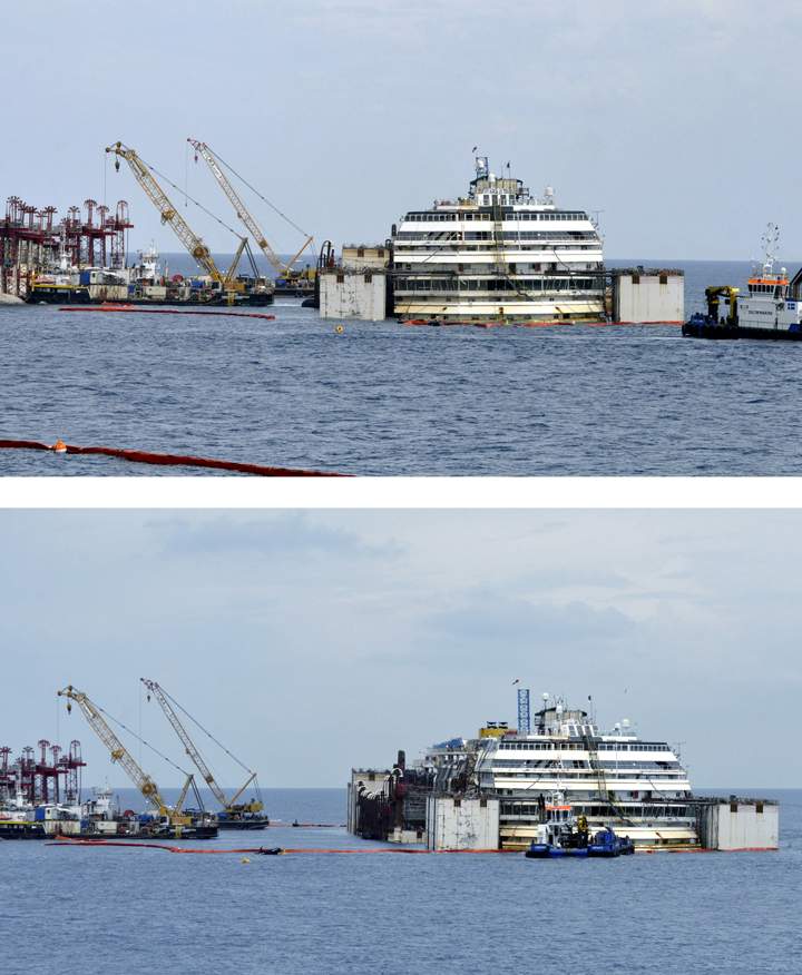 In this combo picture the luxury cruise ship Costa Concordia is seen as it moves away from the underwater platform where it laid, during operations to put it afloat, on the tiny Tuscan island of Giglio, Italy, Monday, July 14, 2014. The shipwrecked Costa Concordia has been successfully put afloat in preparation to tow it away for scrapping.