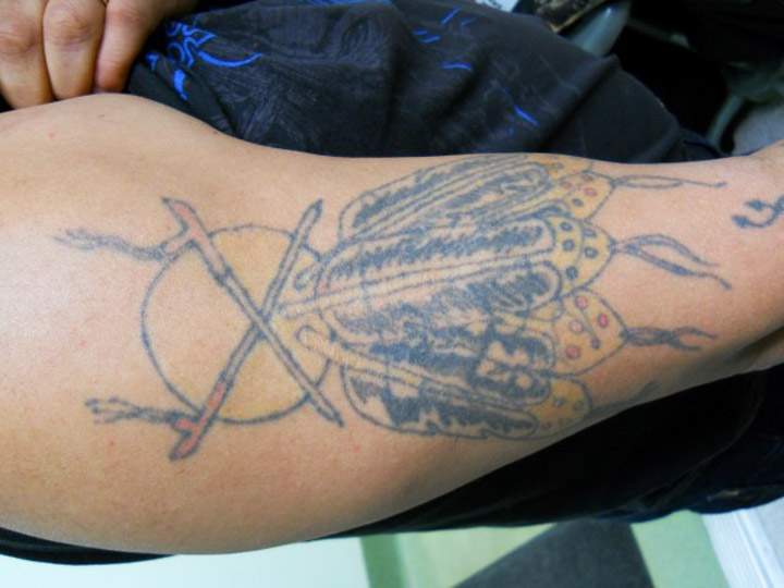 Saskatchewan RCMP have released this photo of a tattoo on Vincent Alex Desjarlais’s front right shoulder.