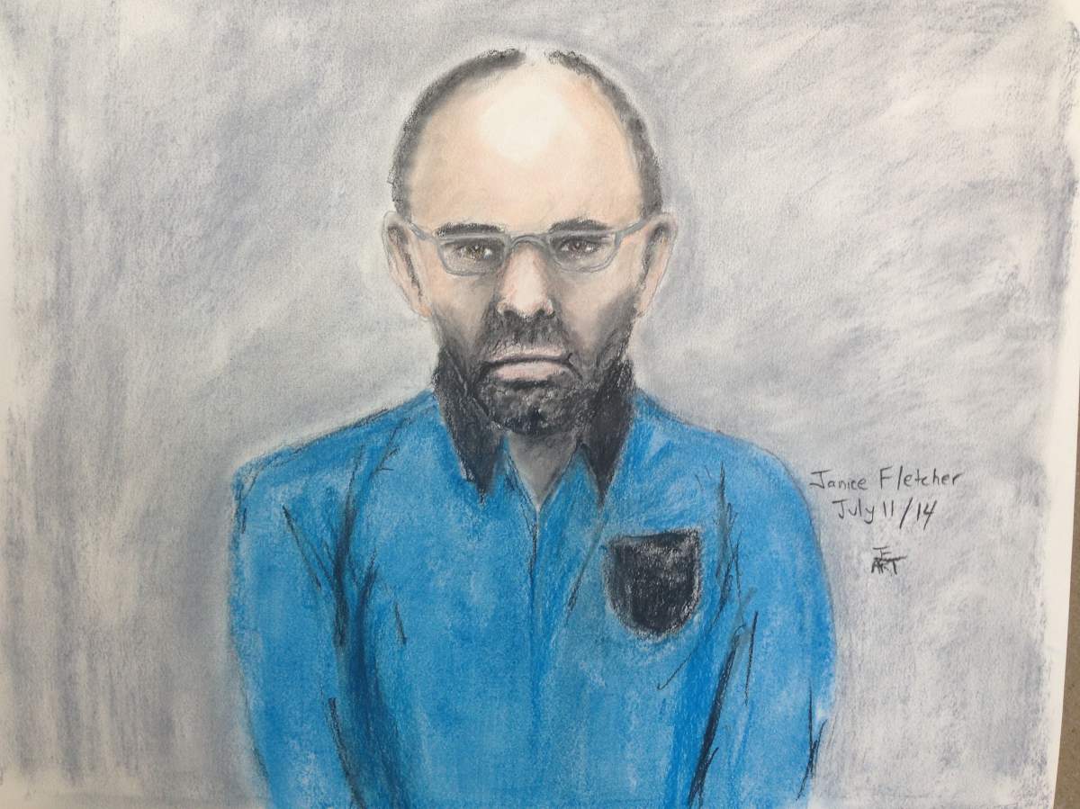 A sketch of Douglas Garland, appearing in a Calgary court on Monday July 11th, 2014, by artist Janice Fletcher, is shown.