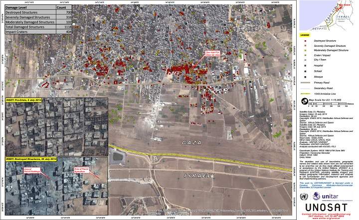 Map of destroyed and damaged structures in Beit Hanoun in the Gaza Strip.