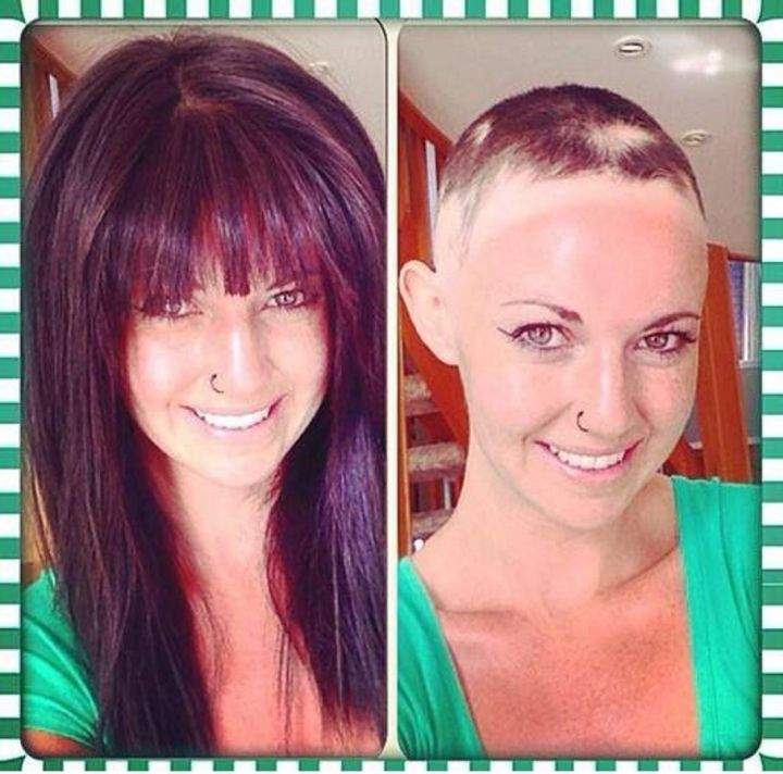 Before and after Amanda Greenough took off her wig.
