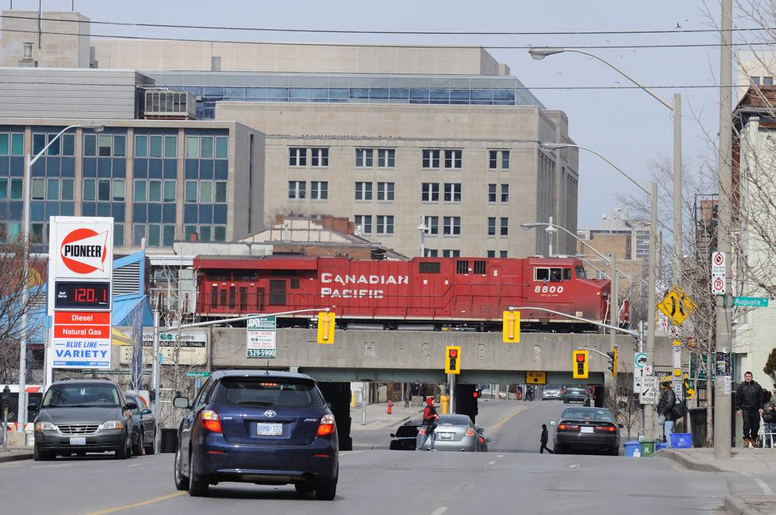 Canadian Pacific Railway train in downtown Hamilton, Ontario Canada. The Canadian Press Images/Stephen C. Host