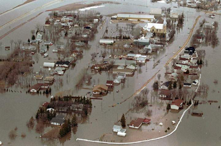 The flooded town of Ste.Agathe, Man. is shown in this aerial view taken on April 30, 1997.