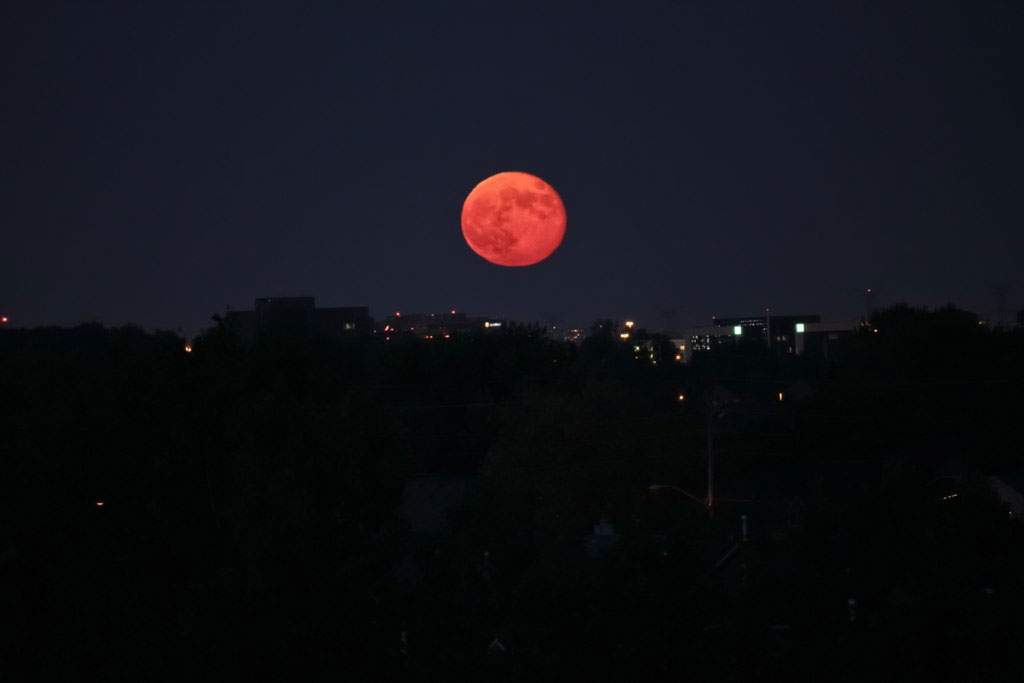 An example of the illusion of a setting (or rising) moon appearing much larger than normal (this was not a “supermoon”).