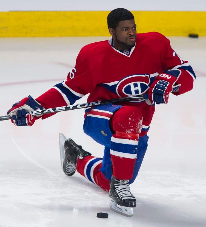 Montreal Canadiens' P.K. Subban warms up prior to an NHL hockey game.