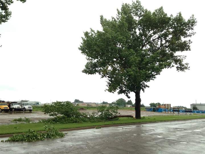 Wind damage from storm along Railway Avenue in Unity