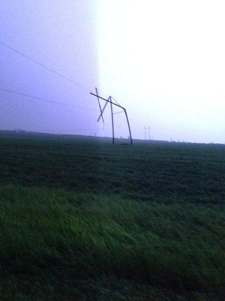 Damaged transmission tower near Harris