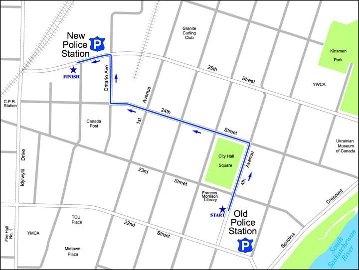 Saskatoon police parade route from the old station to the new headquarters.