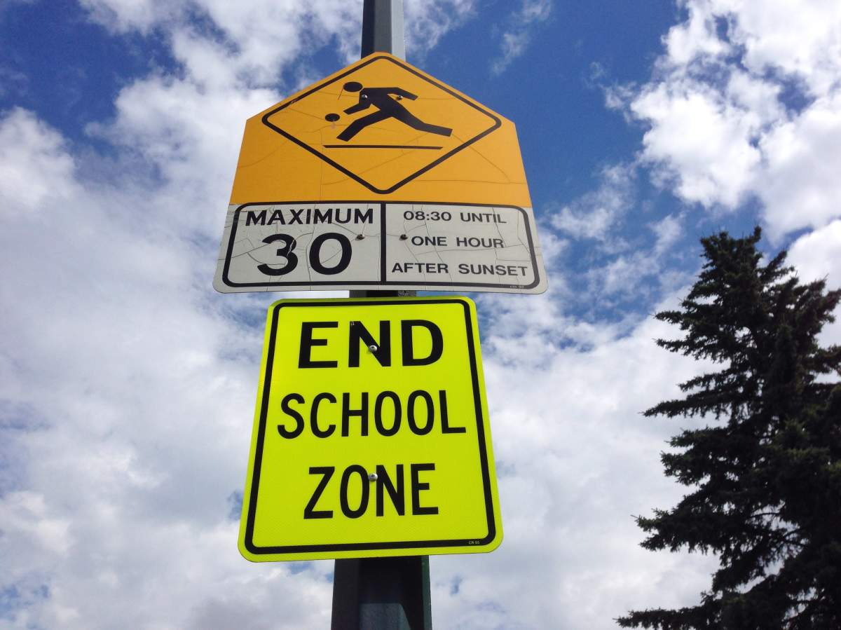FILE: A school zone sign in Calgary, Alberta. 