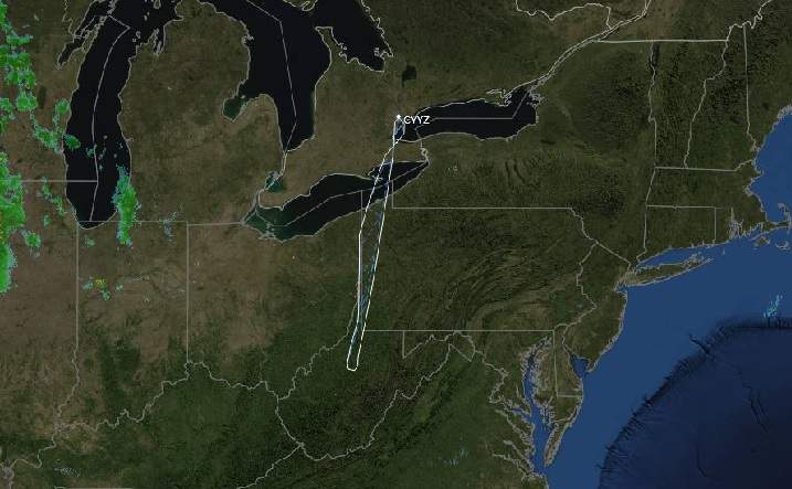 Sunwing flight WG772 turns around and lands safely at Pearson airport on July 25, 2014 as tracked by website flightware.com.