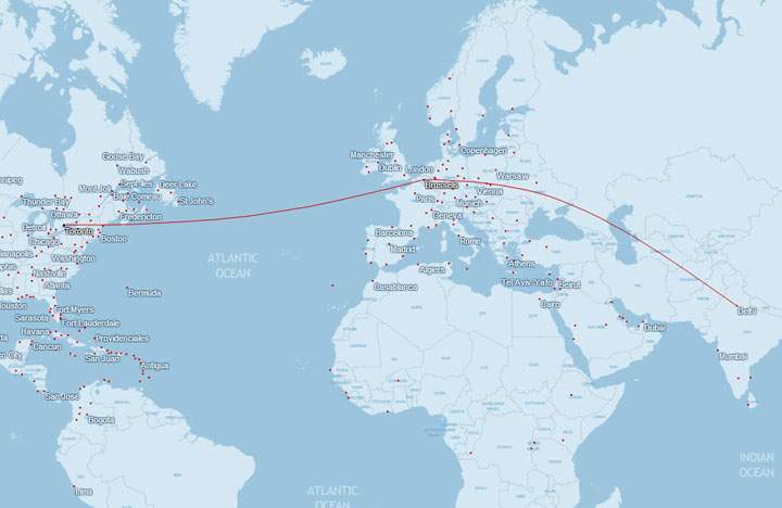 When booking a flight from Toronto to Delhi, Air Canada’s interactive map plots the flight over Ukraine.