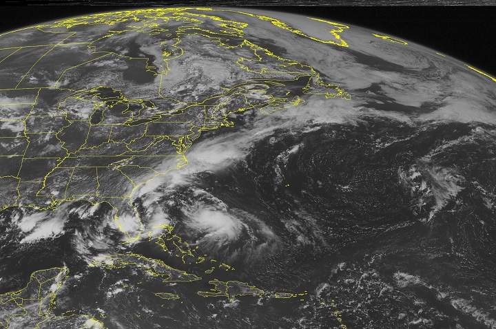 This NOAA satellite image taken Monday, August 04, 2014 at 01:45 PM EDT shows an area of dense cloud cover northeast of the Bahamas associated with Hurricane Bertha. 