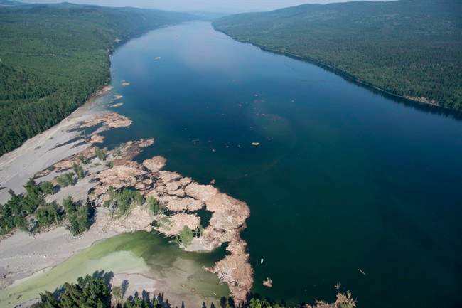 Contents from a tailings pond is pictured going down the Hazeltine Creek into Quesnel Lake near the town of Likely, B.C. Tuesday, August, 5, 2014. THE CANADIAN PRESS/Jonathan Hayward.