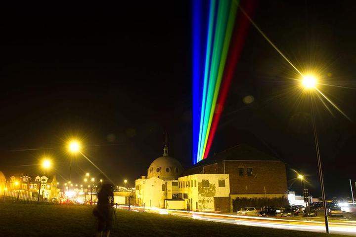International artist Yvette Mattern shows her stunning laser rainbow projection, Global Rainbow, on March 1, 2012
