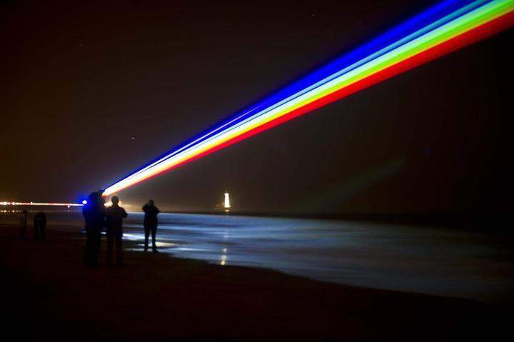 International artist Yvette Mattern shows her stunning laser rainbow projection, Global Rainbow, on March 1, 2012 in Whitley Bay, England.