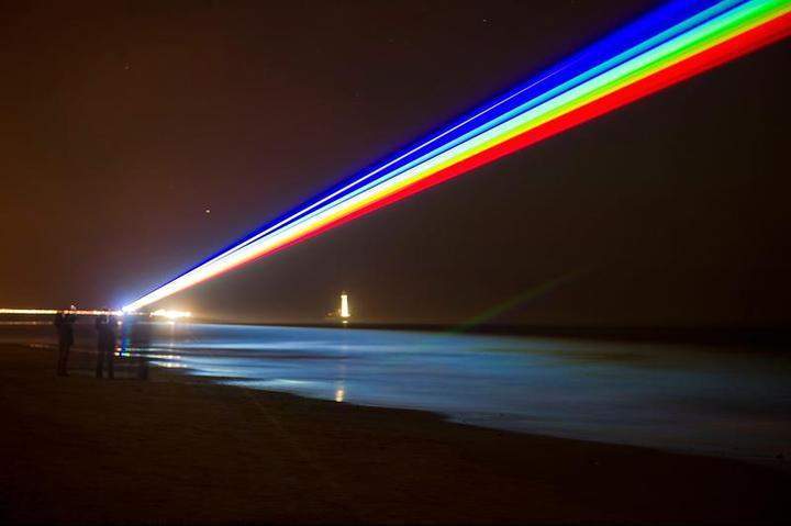 International artist Yvette Mattern shows her stunning laser rainbow projection, Global Rainbow, on March 1, 2012 in Whitley Bay, England.