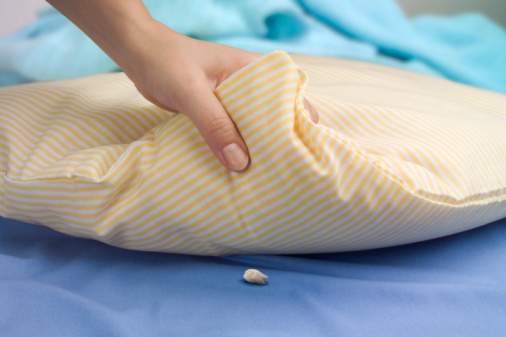 Woman"s hand lifting a pillow showing a tooth waiting for the tooth fairy Raton Perez in Spain. Petite Souris in France.