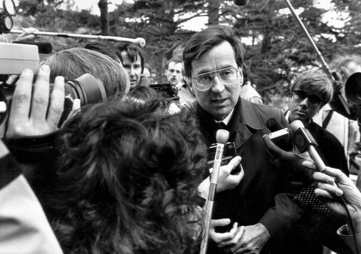 Quebec Premier Robert Bourassa speaks to the media as he arrives at first ministers meeting in Meech Lake, Quebec.