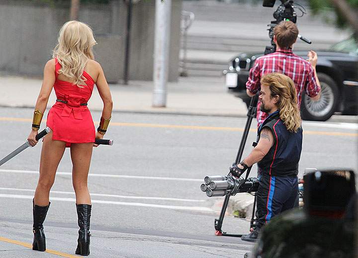 Ashley Benson and Peter Dinklage on set of ‘Pixels’ in downtown Toronto on Aug. 4, 2014.