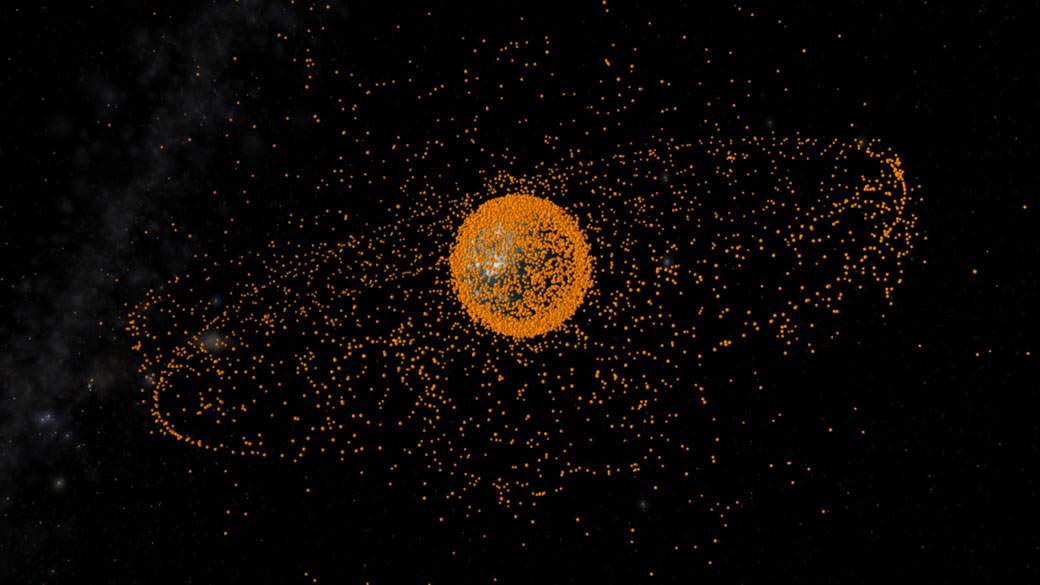 An artist’s impression of space debris objects in orbit. Though the debris is not to scale, it shows you just how much is in orbit around our planet.