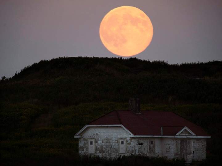 A full moon rises over Georges Island in Halifax harbour on Sunday, August 10, 2014.
