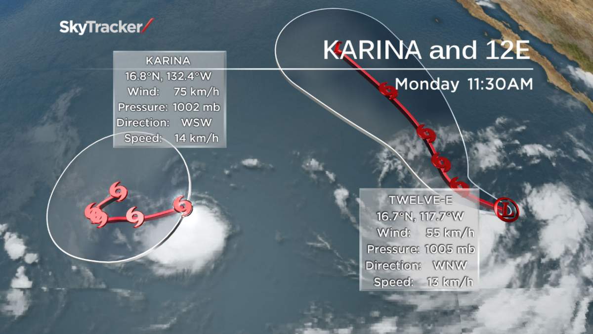 Karina’s path takes it west before it moves east again. Tropical depression 12E, meanwhile, is forecast to become a tropical storm by Monday night.