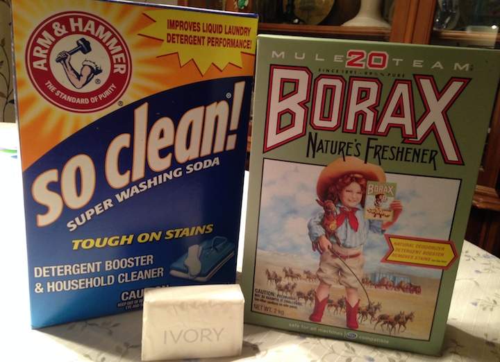 The ingredients needed for making homemade laundry detergent.