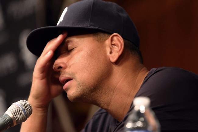 In this Aug. 5, 2013 file photo, New York Yankees' Alex Rodriguez talks during a news conference before the Yankees played the Chicago White Sox in a baseball game at US Cellular Field in Chicago.