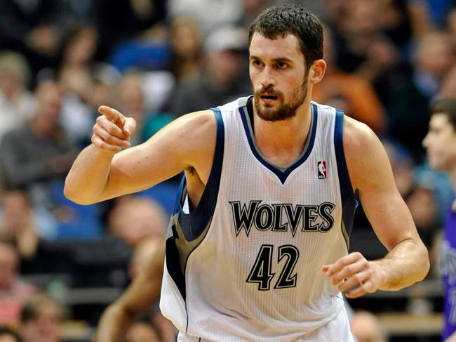 In this Jan. 16, 2012, file photo, Minnesota Timberwolves' Kevin Love reacts during the second half of an NBA basketball game against the Sacramento Kings in Minneapolis.
