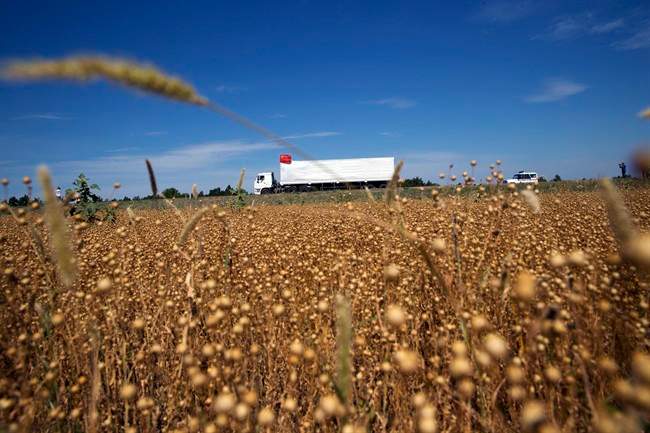 A truck, forming part of an aid convoy destined for Ukraine, travels on a road to the border control point in the Russian town of Donetsk, in the Rostov-on-Don region, Russia, Sunday, Aug. 17, 2014. Fighting in Ukraine has escalated since the insurgency arose in April, with government troops steadily taking back rebel-held territory in the east. (AP Photo/Pavel Golovkin).