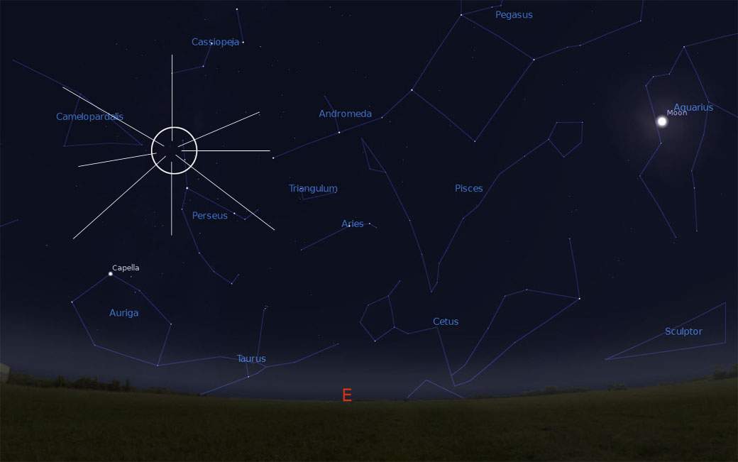 This sky chart depicts the radiant, or the direction from which the Perseids originate.