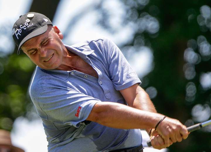 File photo - Rocco Mediate tees off on the third hole Sunday, July 14, 2013, in the final round of the U.S. Senior Open golf tournament in Omaha, Neb.