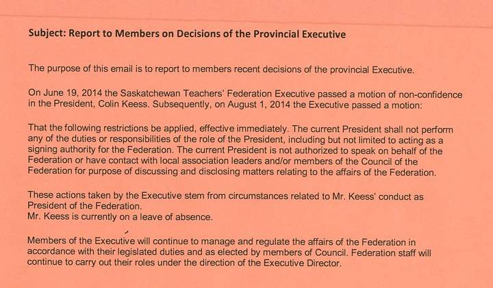 Aug. 9, 2014 email to STF members on the passing of a non-confidence motion against its president Colin Keess.