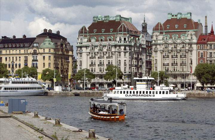 View of the Nybroviken harbour with the old beautiful buildings along Strandvagen in Stockholm.