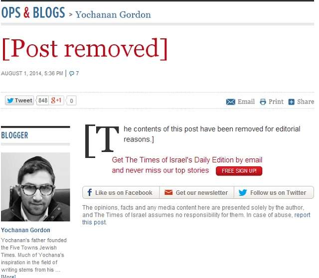 The Times of Israel removed Yochanan Gordon’s blog post titled “When Genocide is Permissible,” calling it “damnable and ignorant.”
