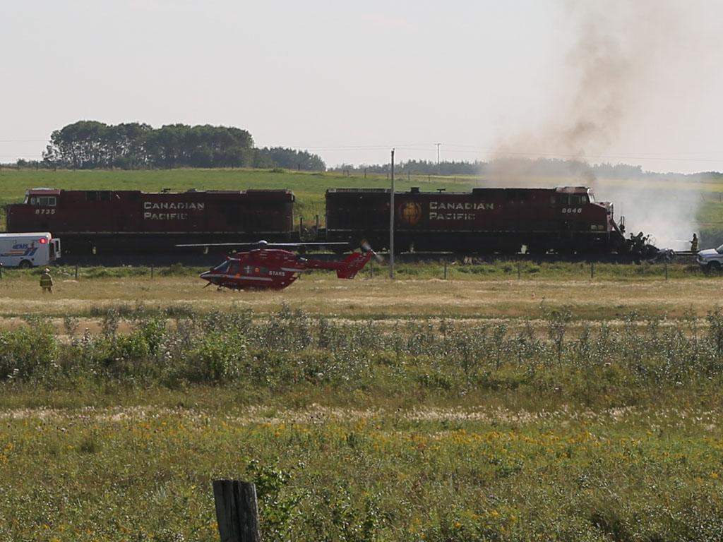 Emergency crews responded to a train fire and derailment west of Moose Jaw Monday afternoon.