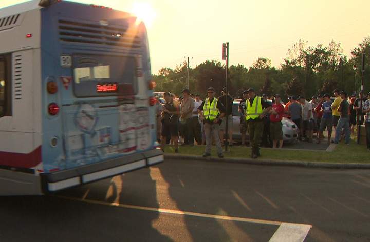 Municipal workers frustrated with Bill 3 used the opening ceremonies of the Quebec Games to make a point about pensions on Friday, August 1, 2014.