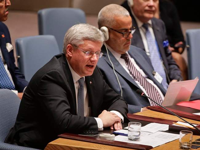 Canadian Prime Minister Stephen Harper speaks during a United Nations Security Council meeting, Wednesday, Sept. 24, 2014, at U.N. headquarters. 