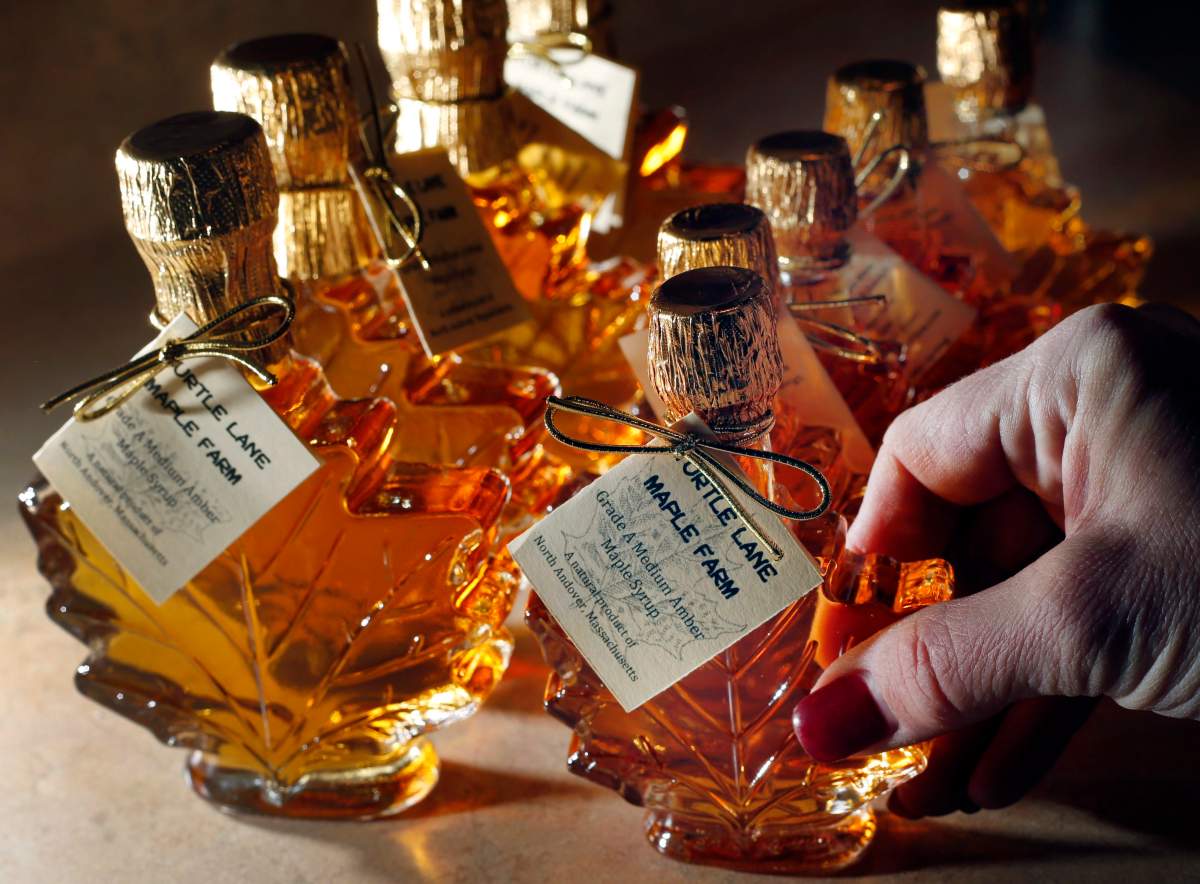 Bottles of maple syrup.