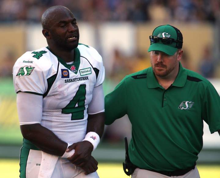 Durant arm was injured in the second half when Winnipeg Blue Bombers defensive end Bryant Turner hit the Riders quarterback on a dead play.