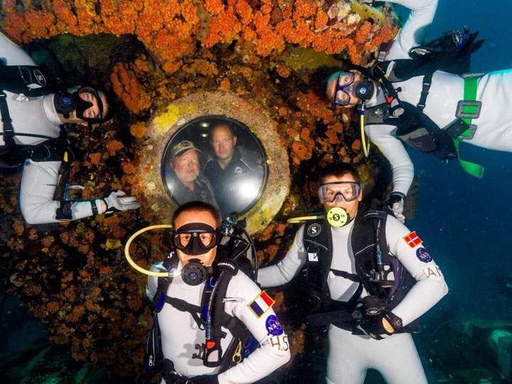 The NEEMO19 crew of astronauts who trained underwater. From left to right: Jeremy Hansen, Canadian Space Agency; Hervé Stevenin and Andreas Mogensen, European Space Agency; Randy Bresnik, NASA.