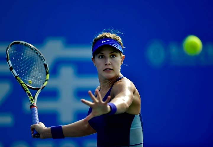 Eugenie Bouchard of Canada prepares to hit a return shot to Petra Kvitova of the Czech Republic during the final of the Wuhan Open tennis tournament in Wuhan, in China's Hubei province Saturday, Sept. 27, 2014.