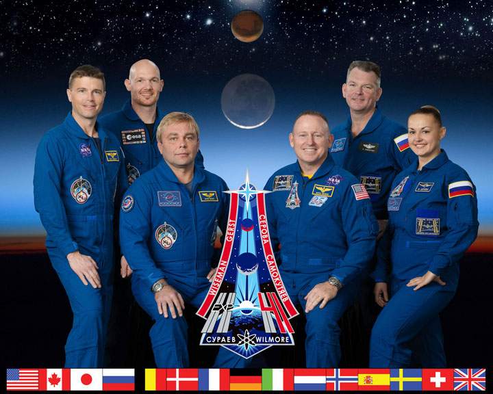 Expedition 41: In the front row are Russian cosmonaut Maxim Suraev (left), commander; and NASA astronaut Barry Wilmore, flight engineer. Pictured from the left (back row) are NASA astronaut Reid Wiseman, European Space Agency astronaut Alexander Gerst, Russian cosmonauts Alexander Samokutyaev and Elena Serova, all flight engineers.