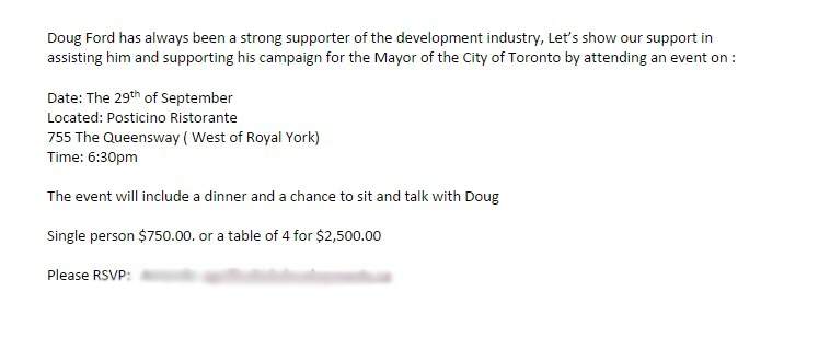 A screenshot of the invite to a Doug Ford fundraiser obtained by Global News.