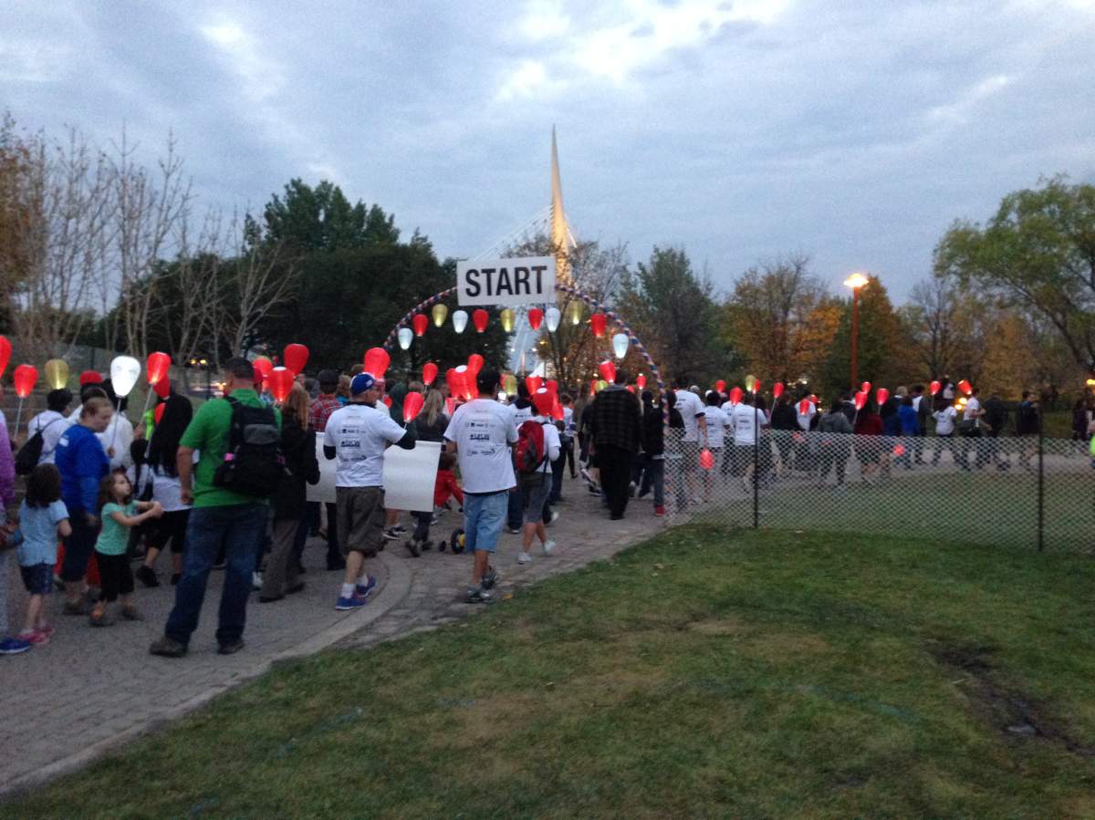 Hundreds of people walking with lanterns to raise money and support for cancer cures.