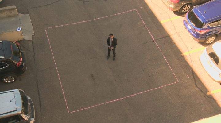Vinesh Pratap outlines what a 350-square-foot space would look like in Global Edmonton’s parking lot.