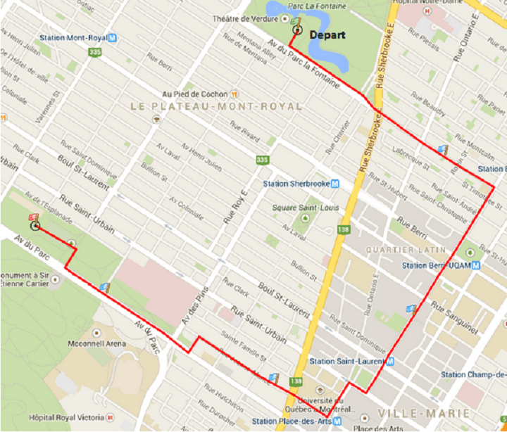 A map showing the protest route of the People’s Climate March, set to take place in Montreal on September 21, 2014.