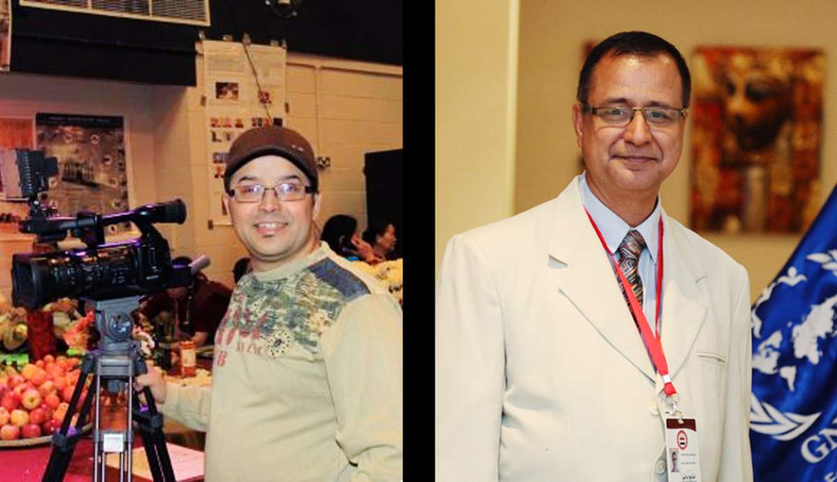 This undated combination photos released by the Global Network for Rights and Development (GNRD) shows GNRD employees, Ghimire Gundev, a photographer from London, left, and his colleague Krishna Upadhyaya, a researcher, both at unknown locations.