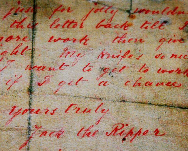 A letter allegedly written by Jack the Ripper and sent to a London news agency on Spetember 25, 1888 is displayed at a press preview of the 'Jack the Ripper and the East End' exhibition at Museum in Docklands, in London, on May 14, 2008. 